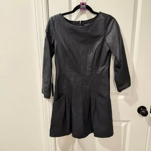 $775 Theory 2 Lamb Leather A-line mini dress